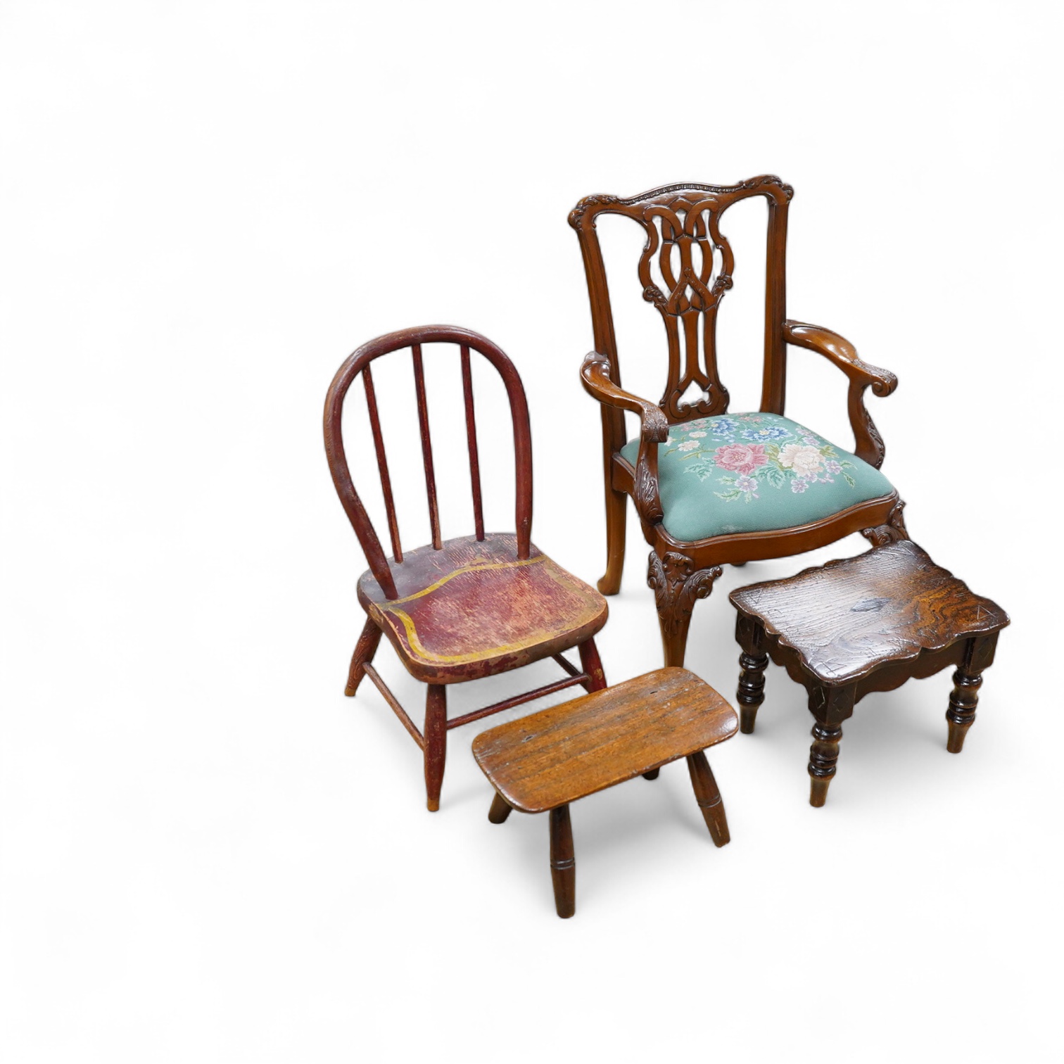 Two antique wooden stools and two children's chairs, one with arms and an upholstered seat x 51cm high